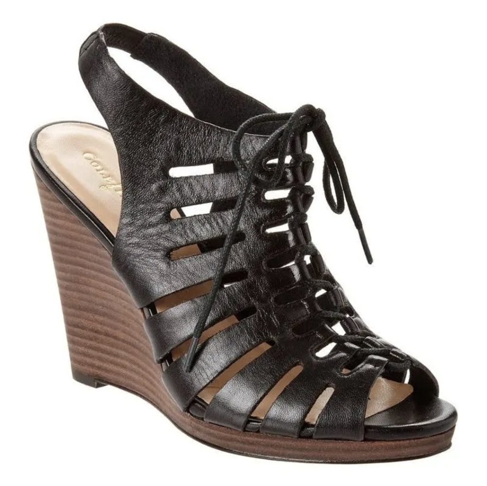Cole Haan Sky Black Leather Lace-Up Wedge Sandals Boho Bohemian Summer Shoes